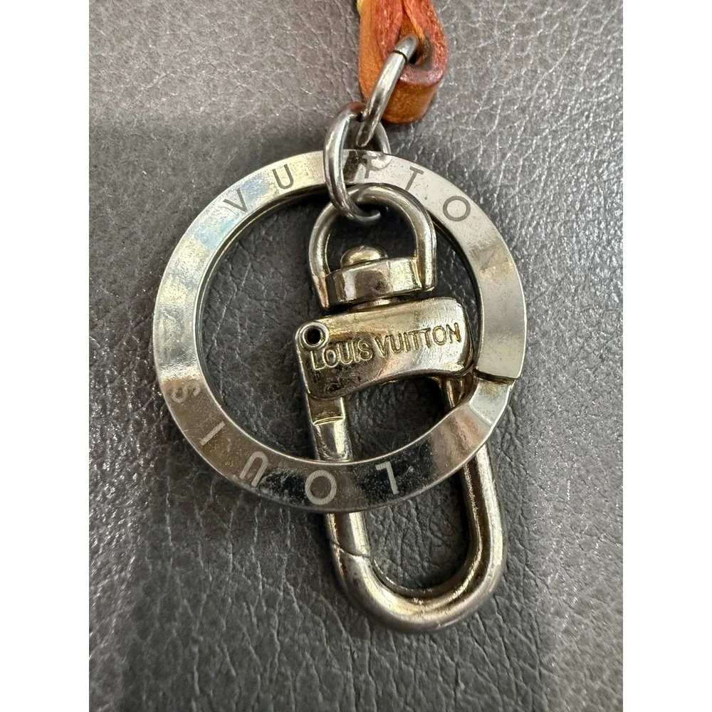 Louis Vuitton Vachetta Leather Strap Keychain Silver Tone Logo Clasp Bag Charm